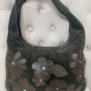 Donald J Pliner floral brown leather suede shoulder bag purse